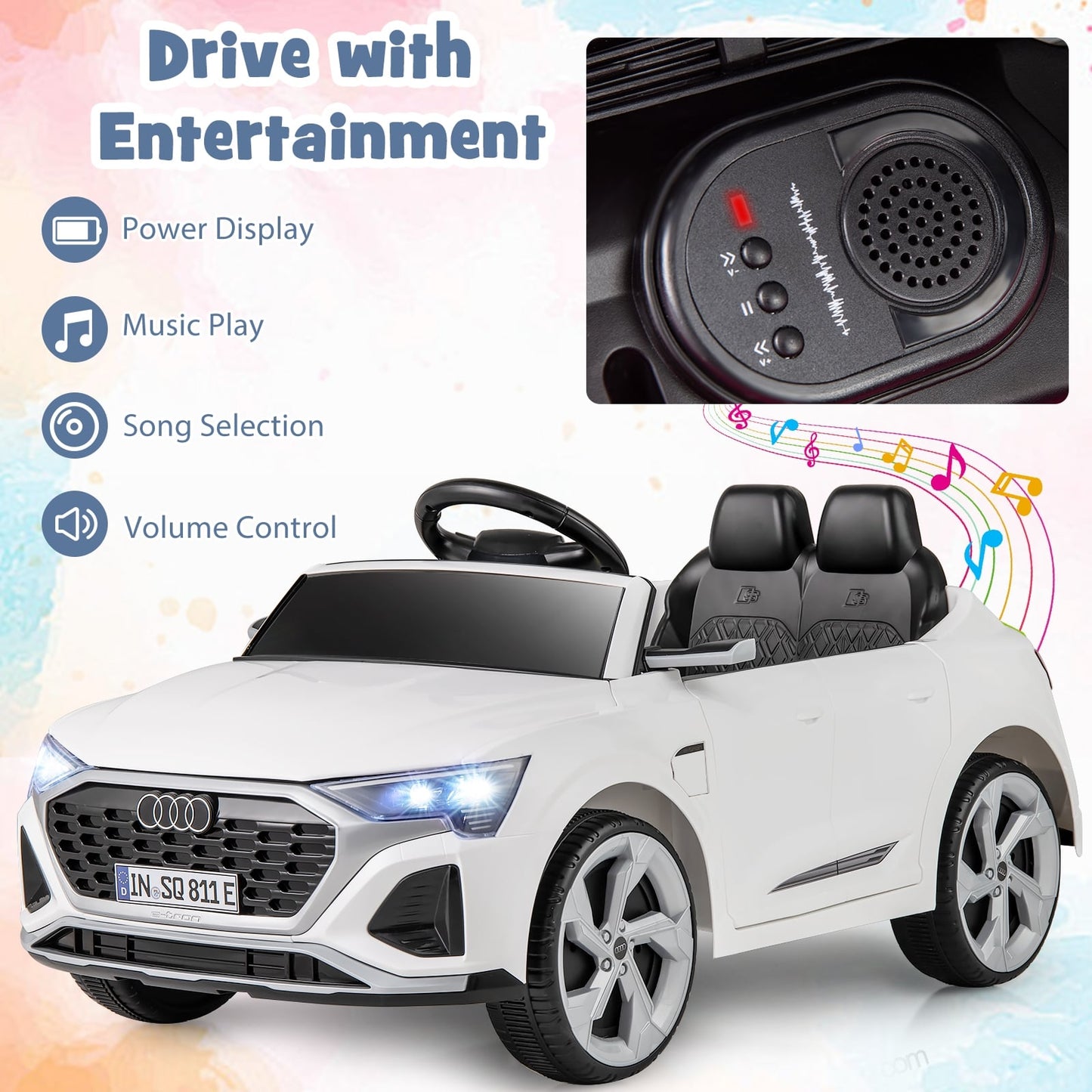 Voiture électrique pour enfants 12V, télécommande, 3 vitesses, blanche