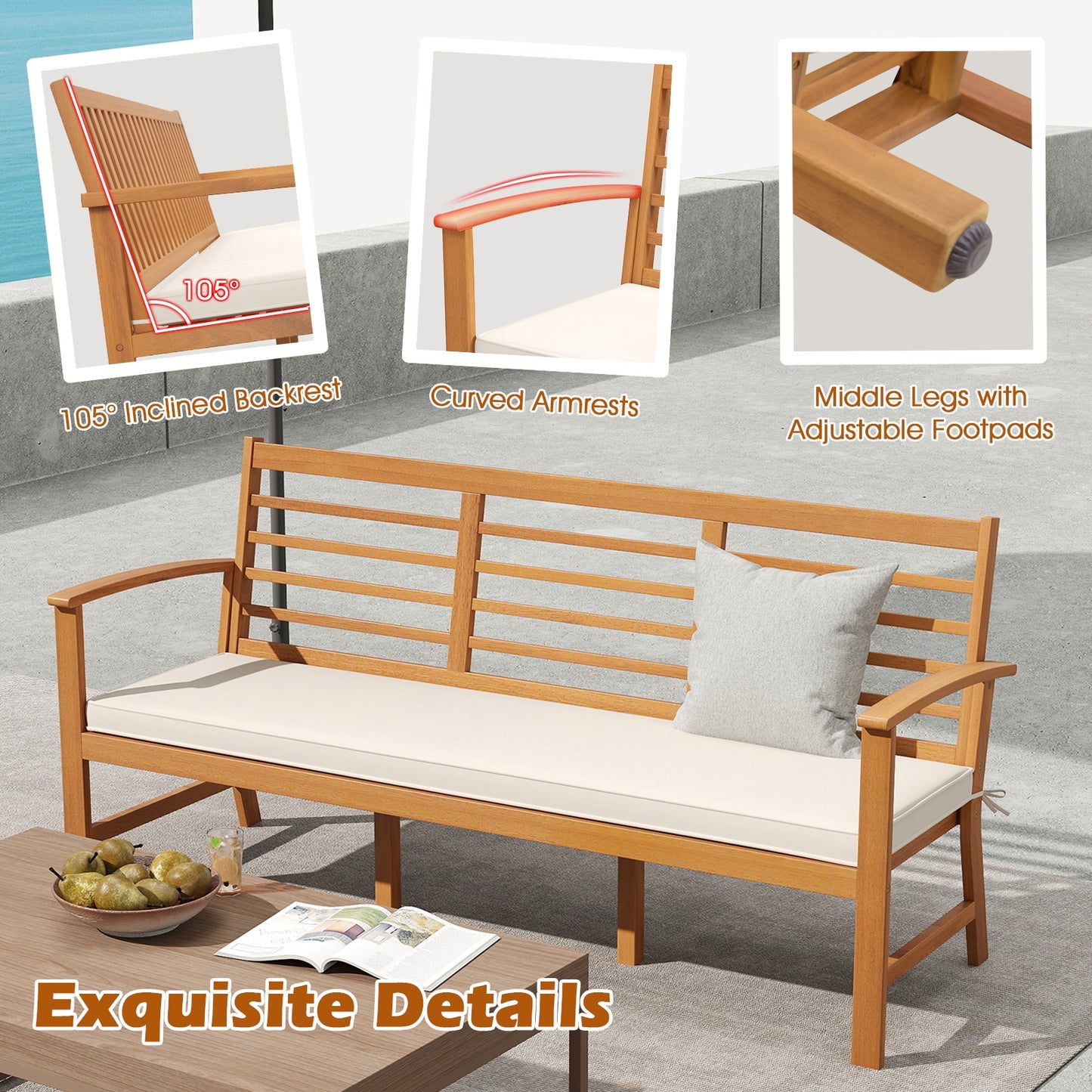 Banc en bois de 64 pouces avec coussin de siège, siège à lattes, blanc cassé