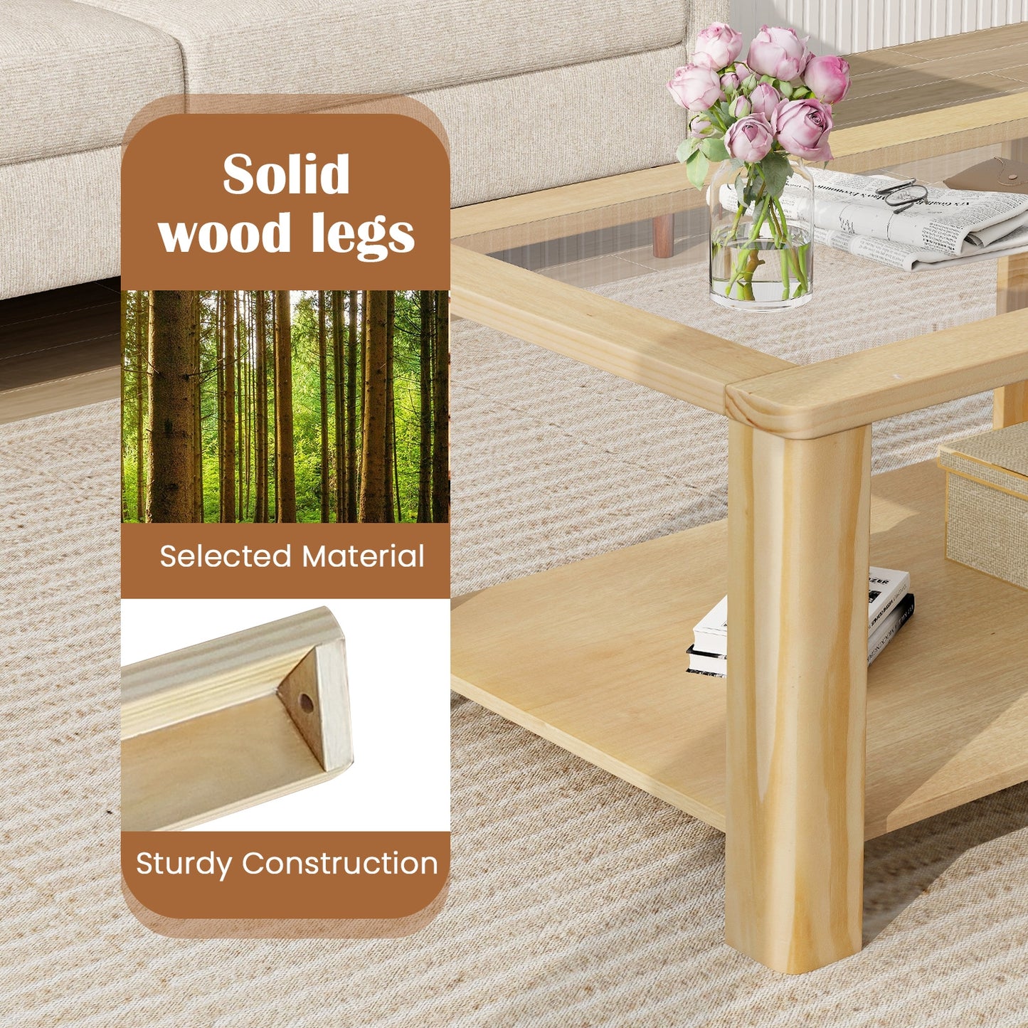 Table basse rectangulaire à 2 niveaux, Plateau en verre trempé, Étagère de rangement, Naturel