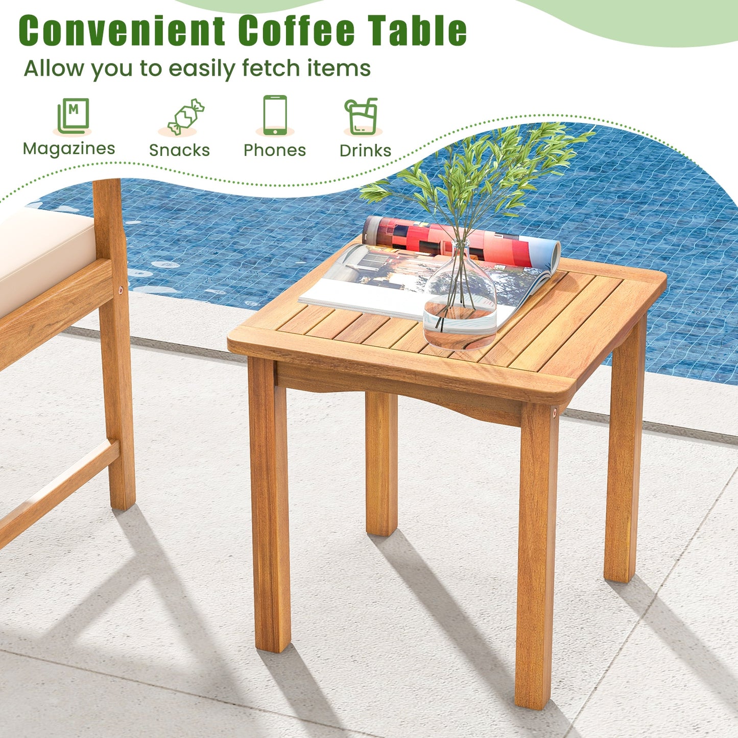 Ensemble de patio en bois 3 pièces, cadre en acacia, coussins, marine