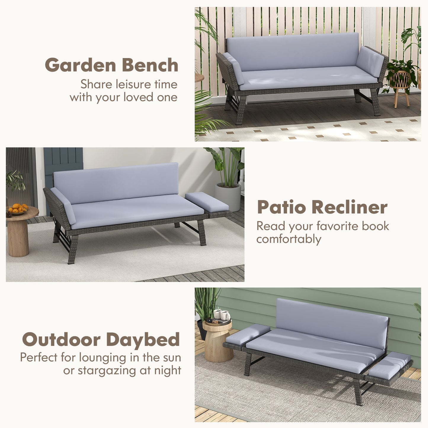 Outdoor Convertible Sofa Daybed, Adjustable Armrests, Gray