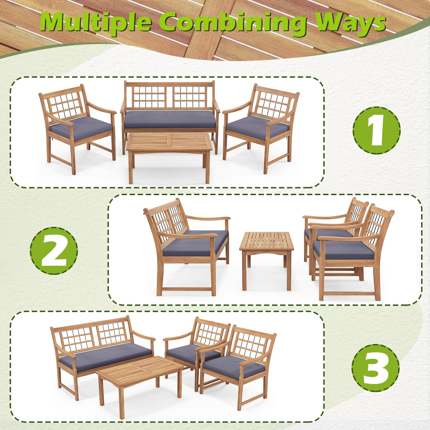 4 Pièces de Mobilier de Patio en Bois, Fauteuils Canapé d'Amour Table Basse, Gris