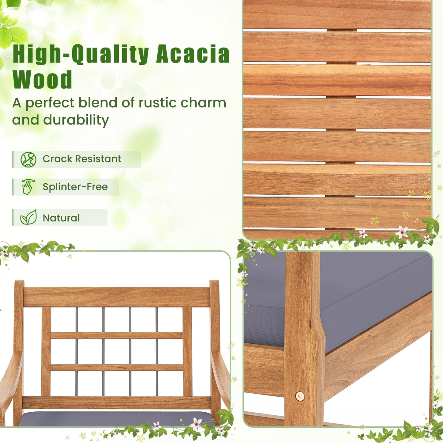 Ensemble de patio en bois 3 pièces, cadre en bois d'acacia, coussins, gris