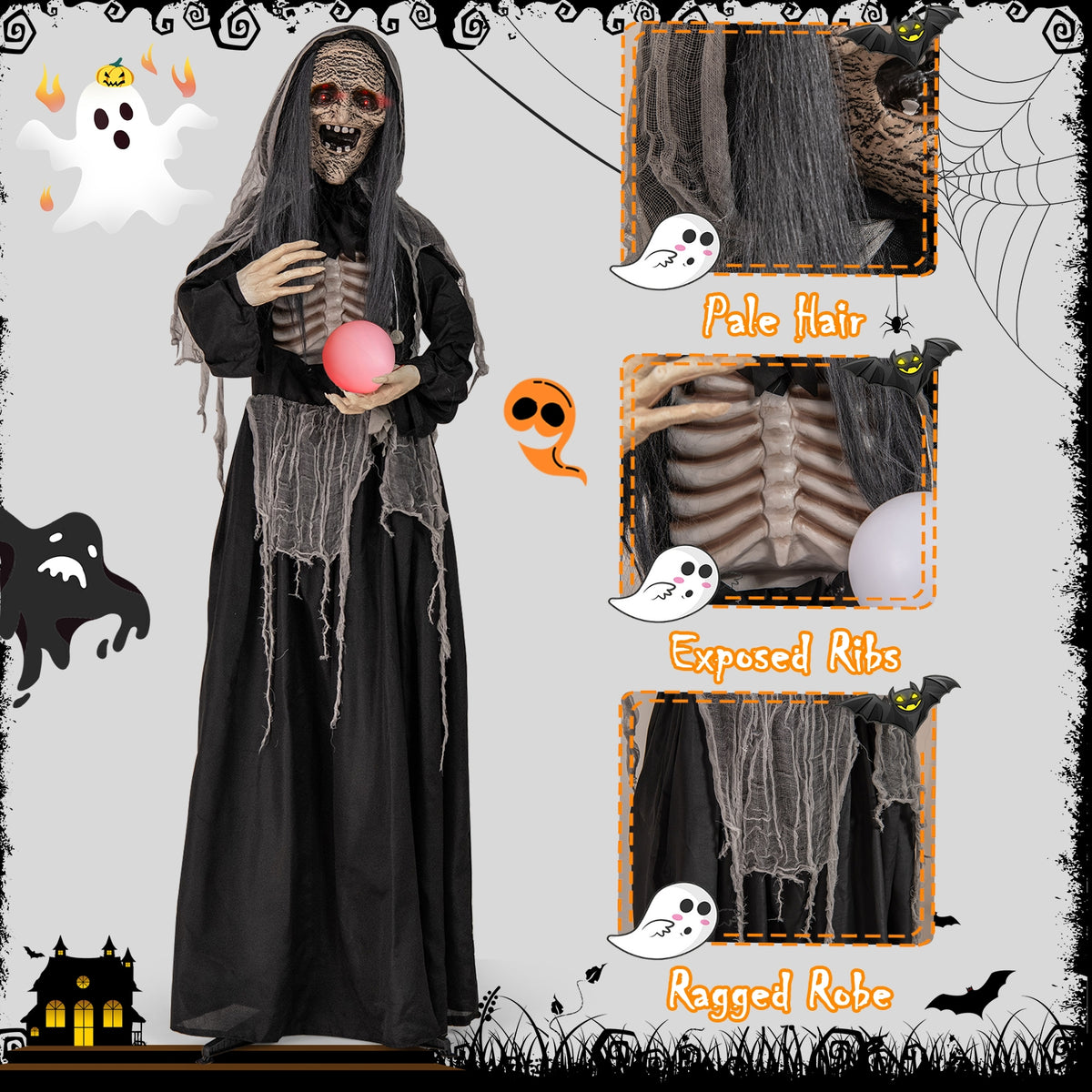 6ft Halloween Witch Animatronic, Light Up Eyes, Magical Ball, Black Halloween at Gallery Canada