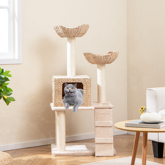 48 Inch Cattail Cat Tower with Sisal Scratching Posts Perch and Condo, Beige Cat Trees Condos & Scratchers Beige at Gallery Canada