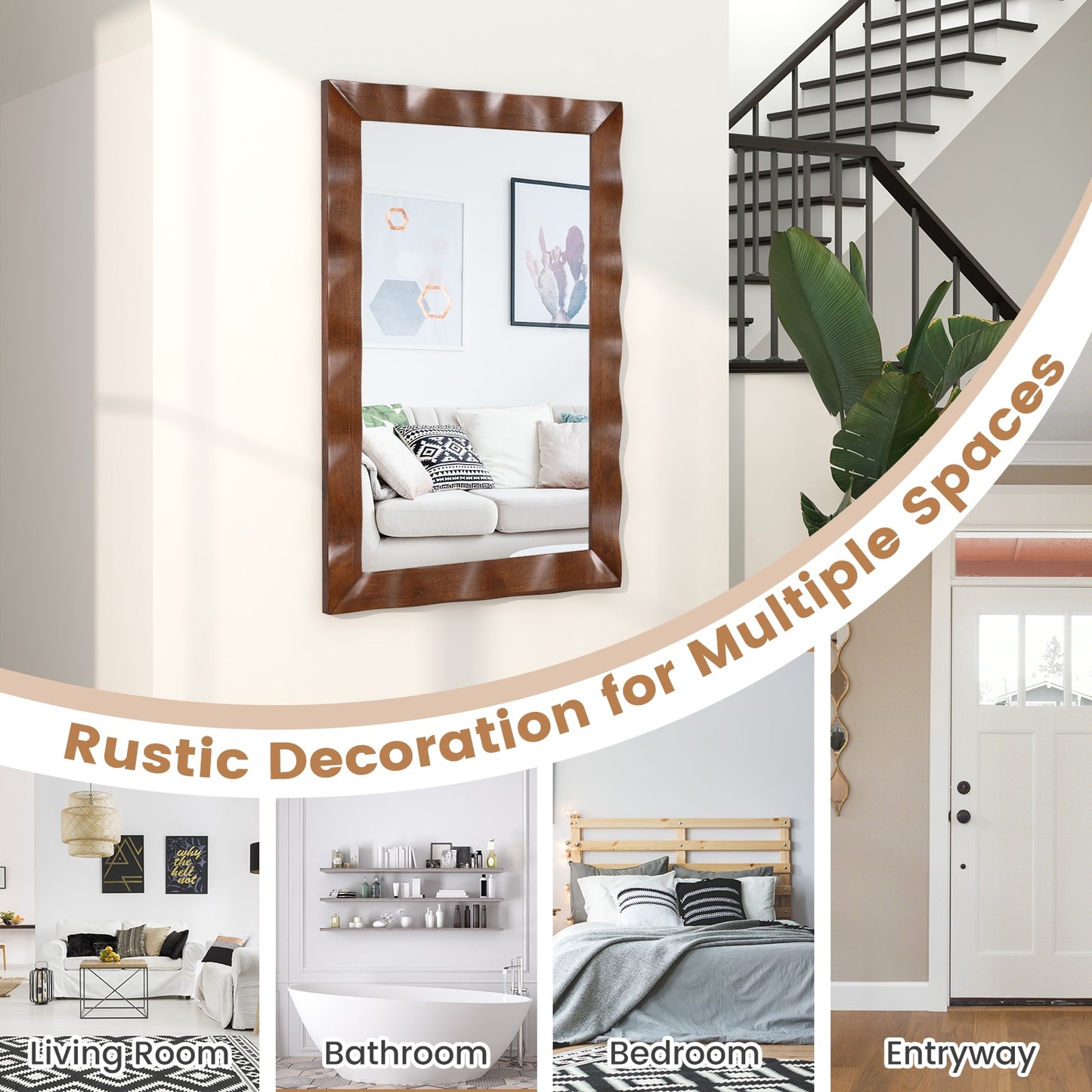 Miroir mural ferme 41,5 x 28 pouces, cadre en bois massif, marron