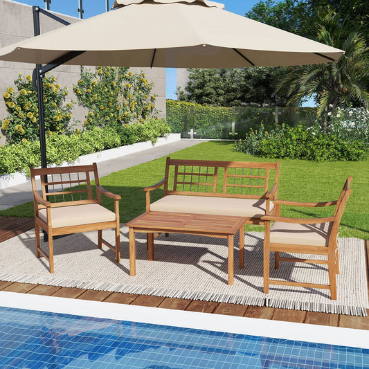 4 Piece Wood Patio Furniture, With Armchairs Loveseat Coffee Table, Off White Patio Conversation Sets Off White at Gallery Canada