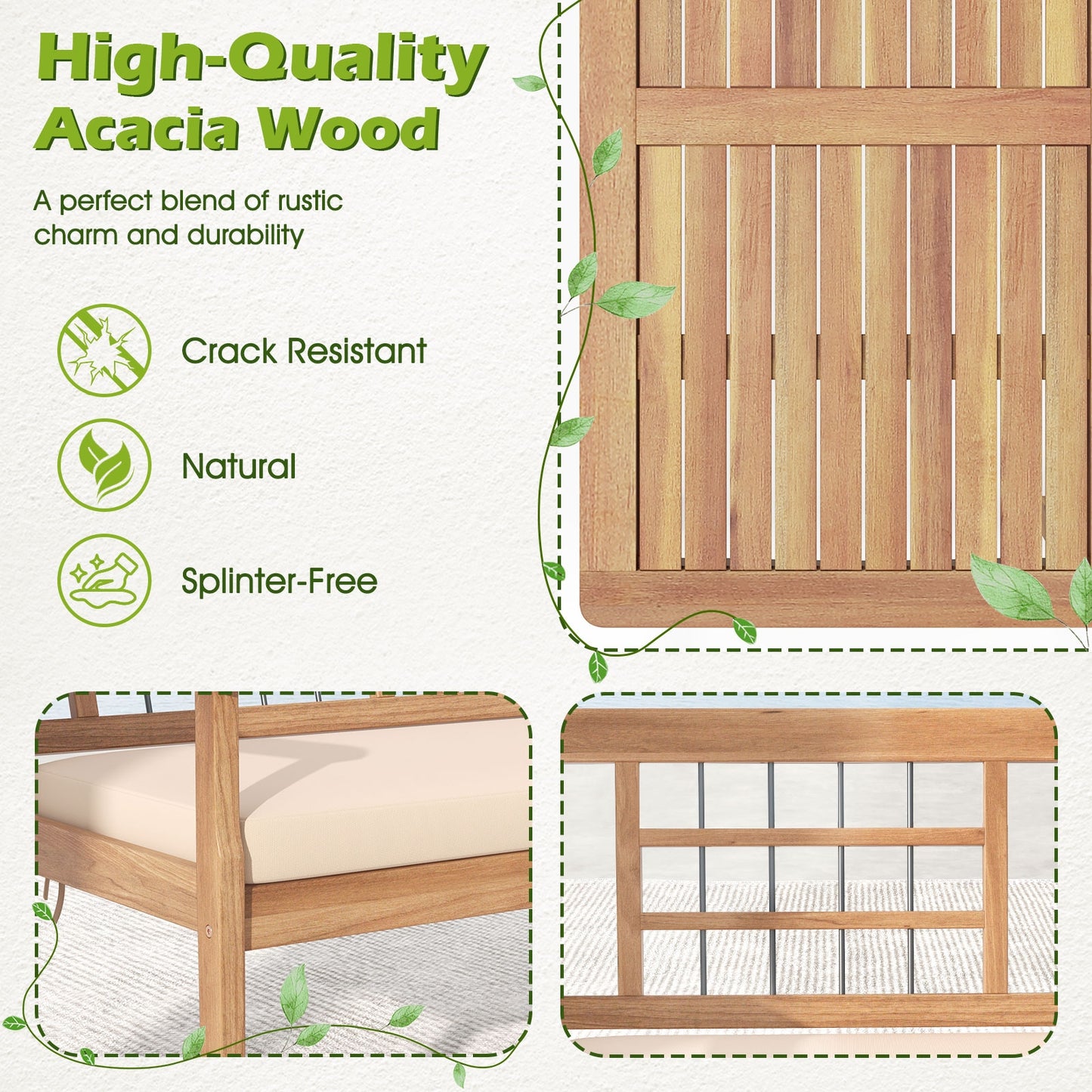 4 Pièces de Mobilier de Patio en Bois, Avec Fauteuils Canapé Table Basse, Blanc Cassé