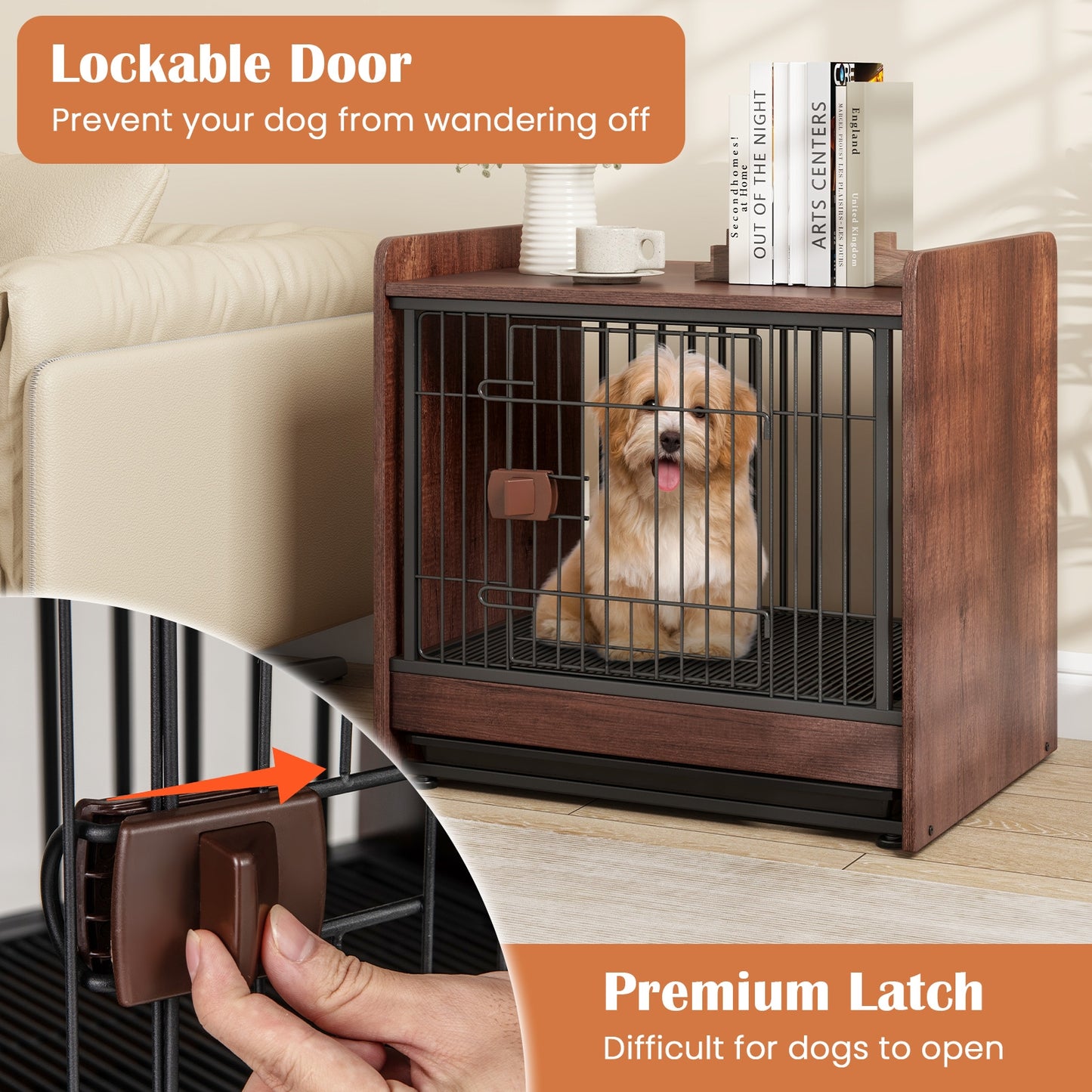 Cage pour chien d'intérieur avec plateau amovible, marron rustique