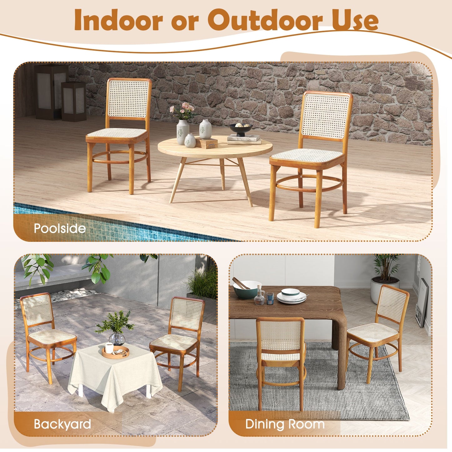 Set Of 2 Boho Dining Chairs, Rattan With Teak Wood Structure, Natural Dining Chairs at Gallery Canada