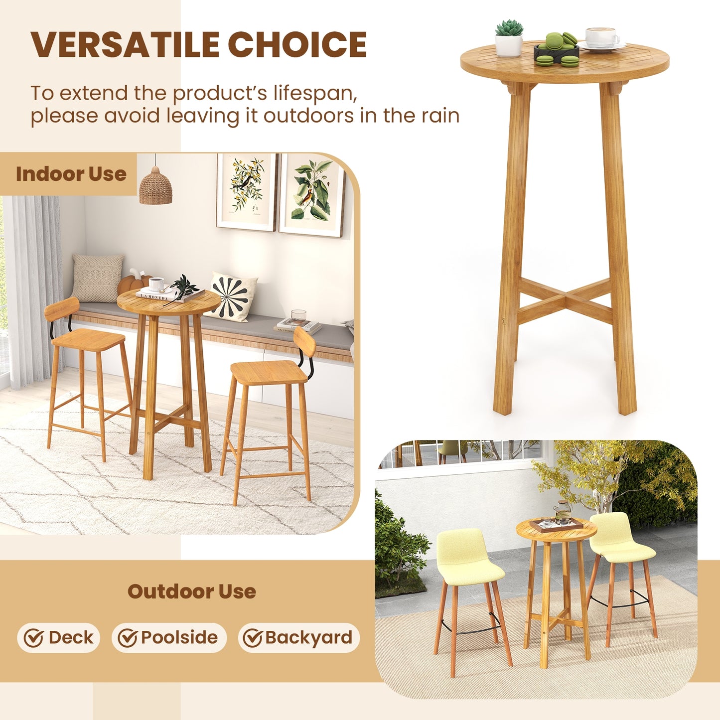 Table de bar ronde en teck de 24 pouces avec repose-pieds, naturel