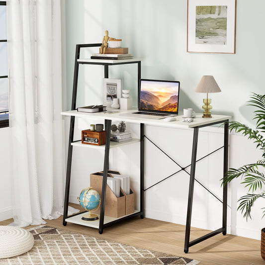 Compact Computer Desk Workstation With 4 Tier Shelves, White Writing Desks White at Gallery Canada