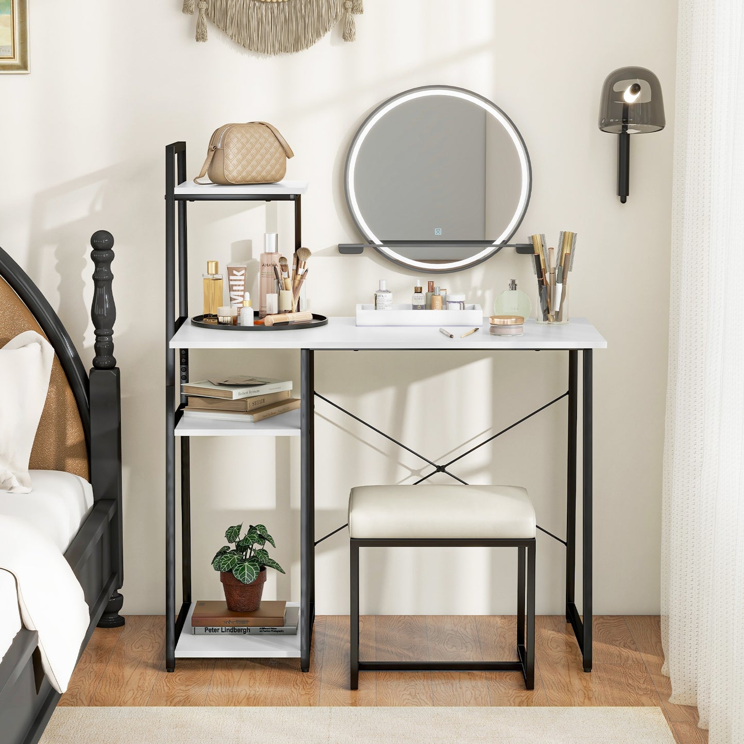 Compact Computer Desk Workstation With 4 Tier Shelves, White Writing Desks at Gallery Canada
