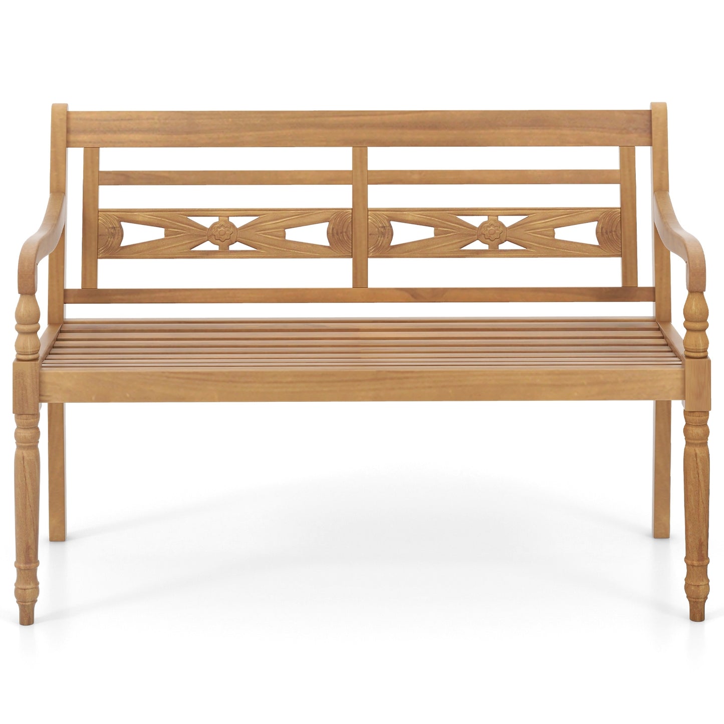 Banc de patio en bois de teck pour 2 personnes, dossier large, accoudoirs courbés, naturel