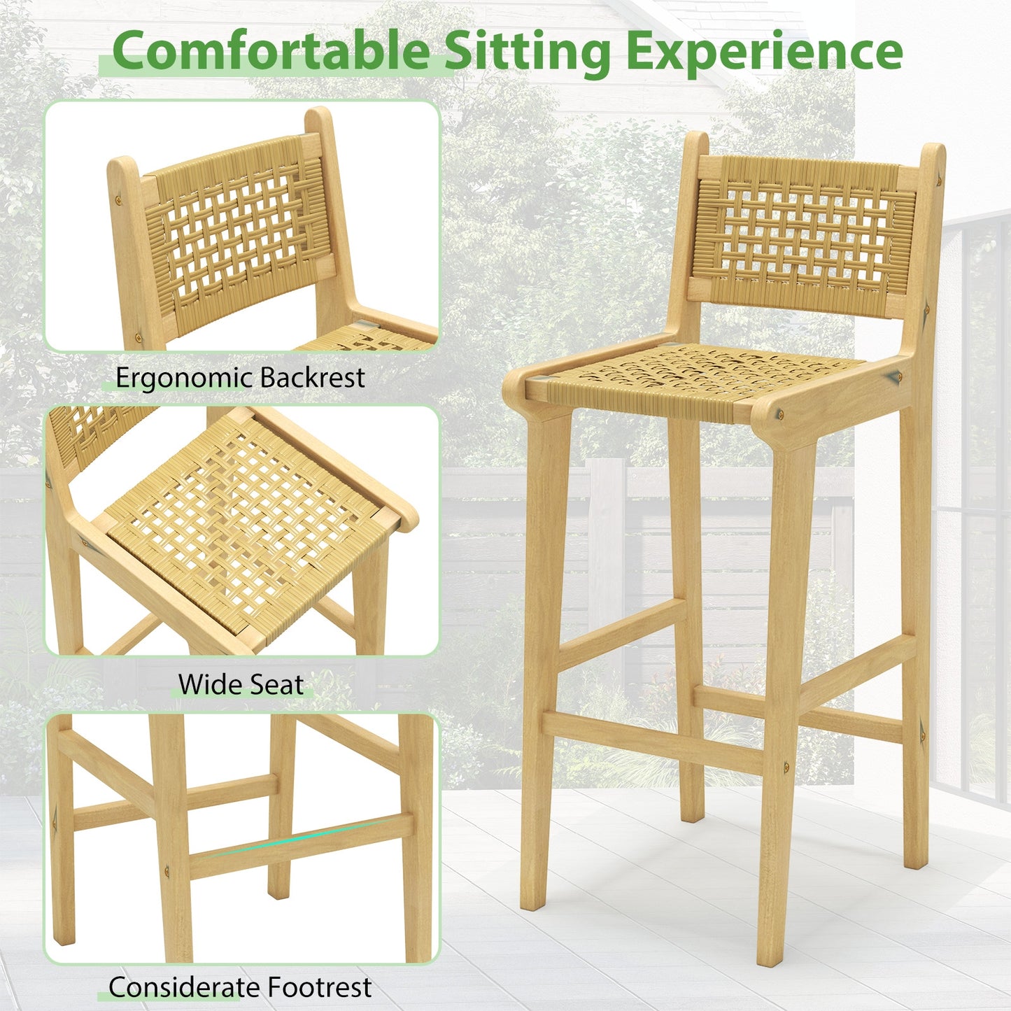 Patio Teak Wood Bar Stool, Rattan Backrest And Seat, Natural