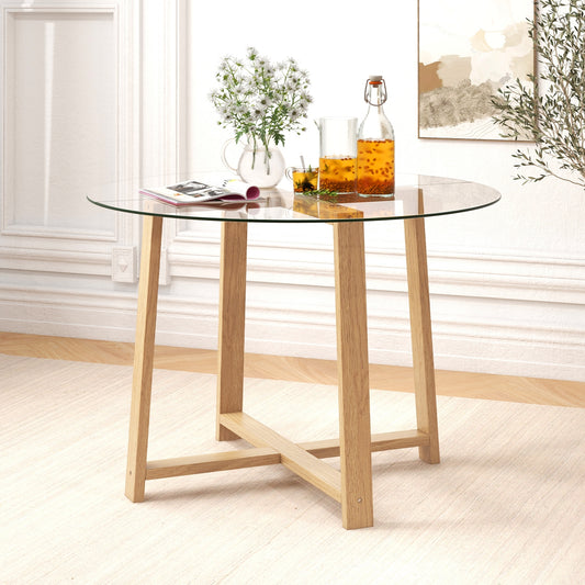42 Inches Round Glass Dining Table, Tempered Glass, Rubber Wood Legs, Natural Dining Tables Natural at Gallery Canada