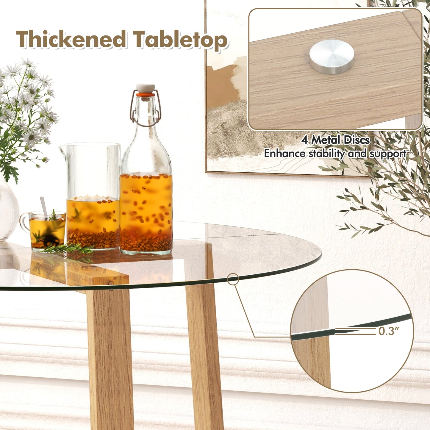 42 Inches Round Glass Dining Table, Tempered Glass, Rubber Wood Legs, Natural Dining Tables at Gallery Canada