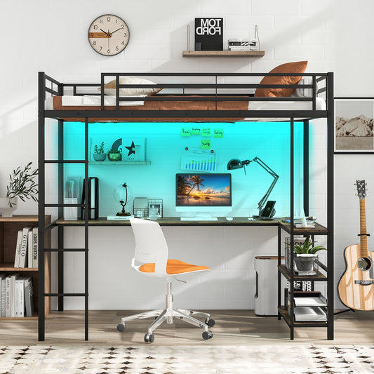 Twin Size Loft Bed With Desk, 2 Storage Shelves, Black Bunk Bed Frame Black at Gallery Canada
