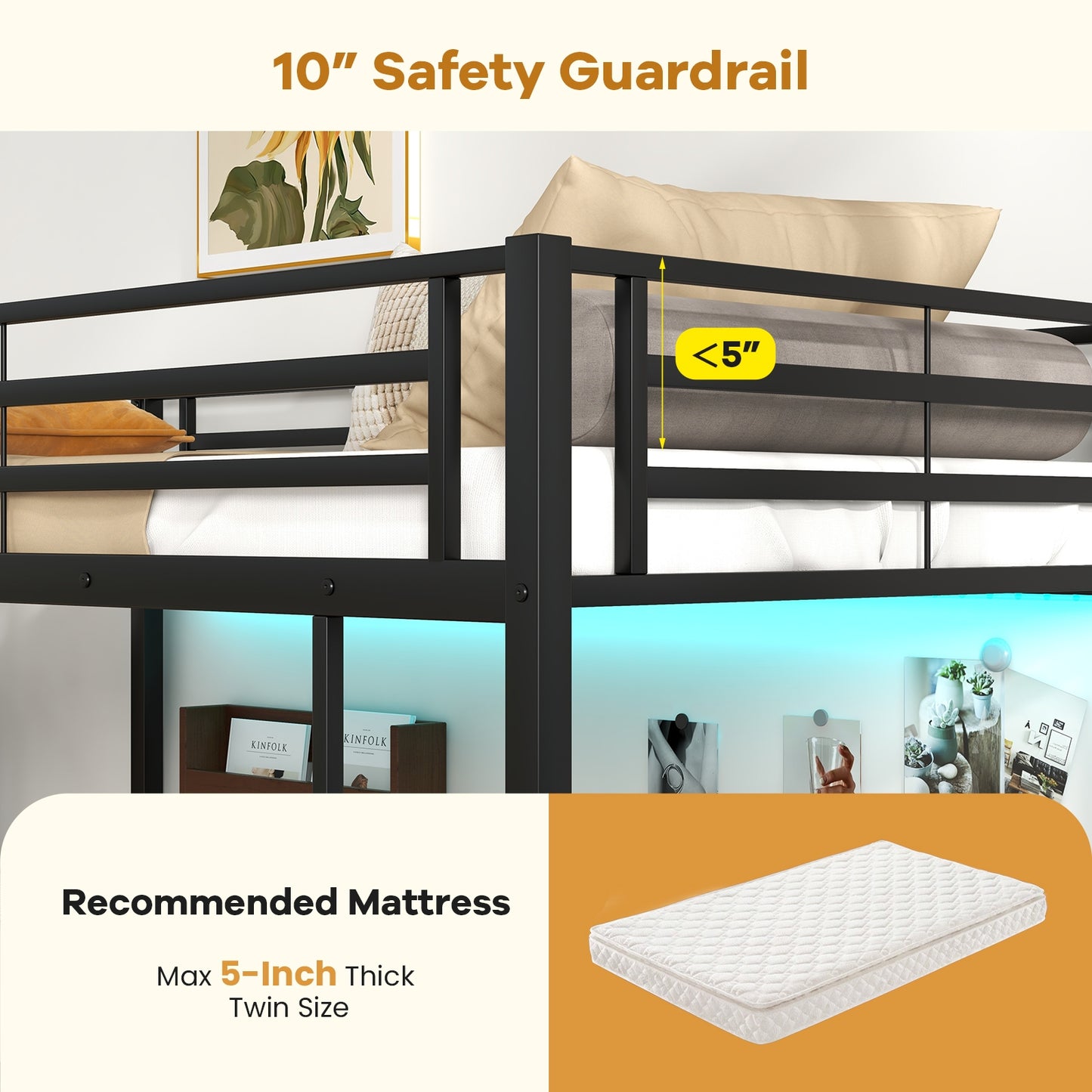 Twin Size Loft Bed Raised Platform Bed with Desk and 2 Storage Shelves, Black Bunk Bed Frame at Gallery Canada