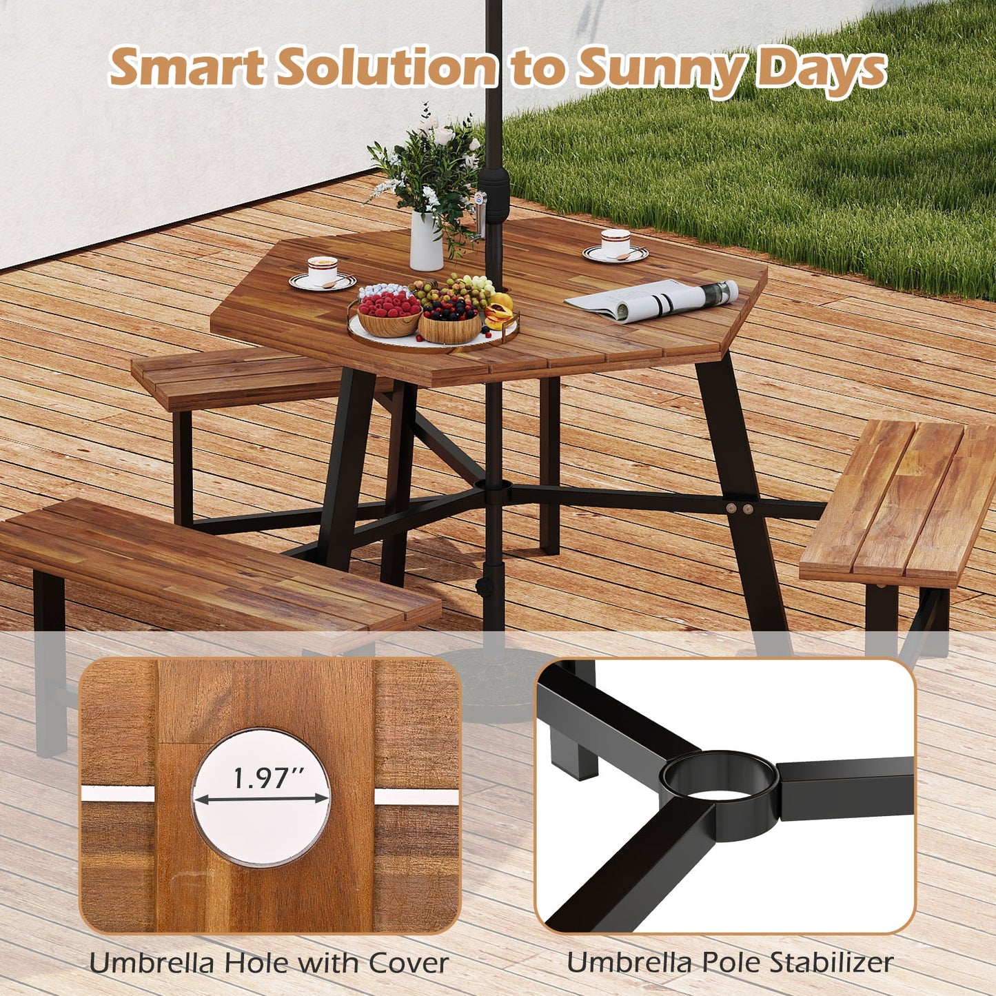 6 Person Acacia Wood Picnic Table, 3 Seats, Brown Picnic Tables at Gallery Canada