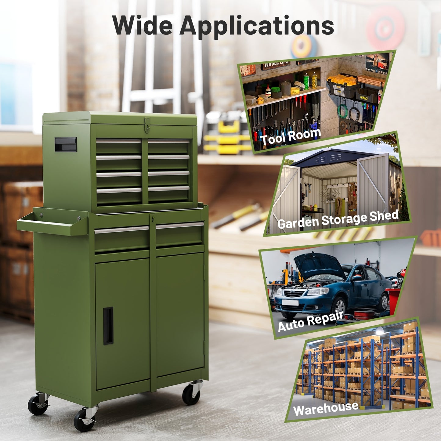 2-in-1 Rolling Tool Chest with 5 Sliding Lockable Drawers, Green Garages at Gallery Canada