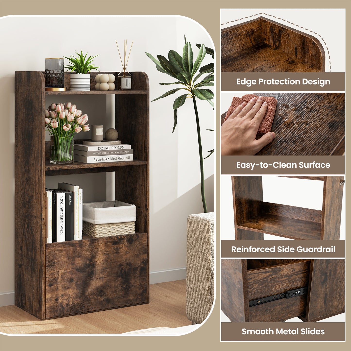 Freestanding Bookshelf with 3-Tier Open Shelf, Rustic Brown Bookcases at Gallery Canada