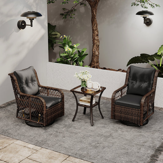 3 Pieces Patio Furniture Set PE Wicker Swivel Glider Chairs with 2-Tier Side Table and Cushions, Black Patio Conversation Sets Black at Gallery Canada