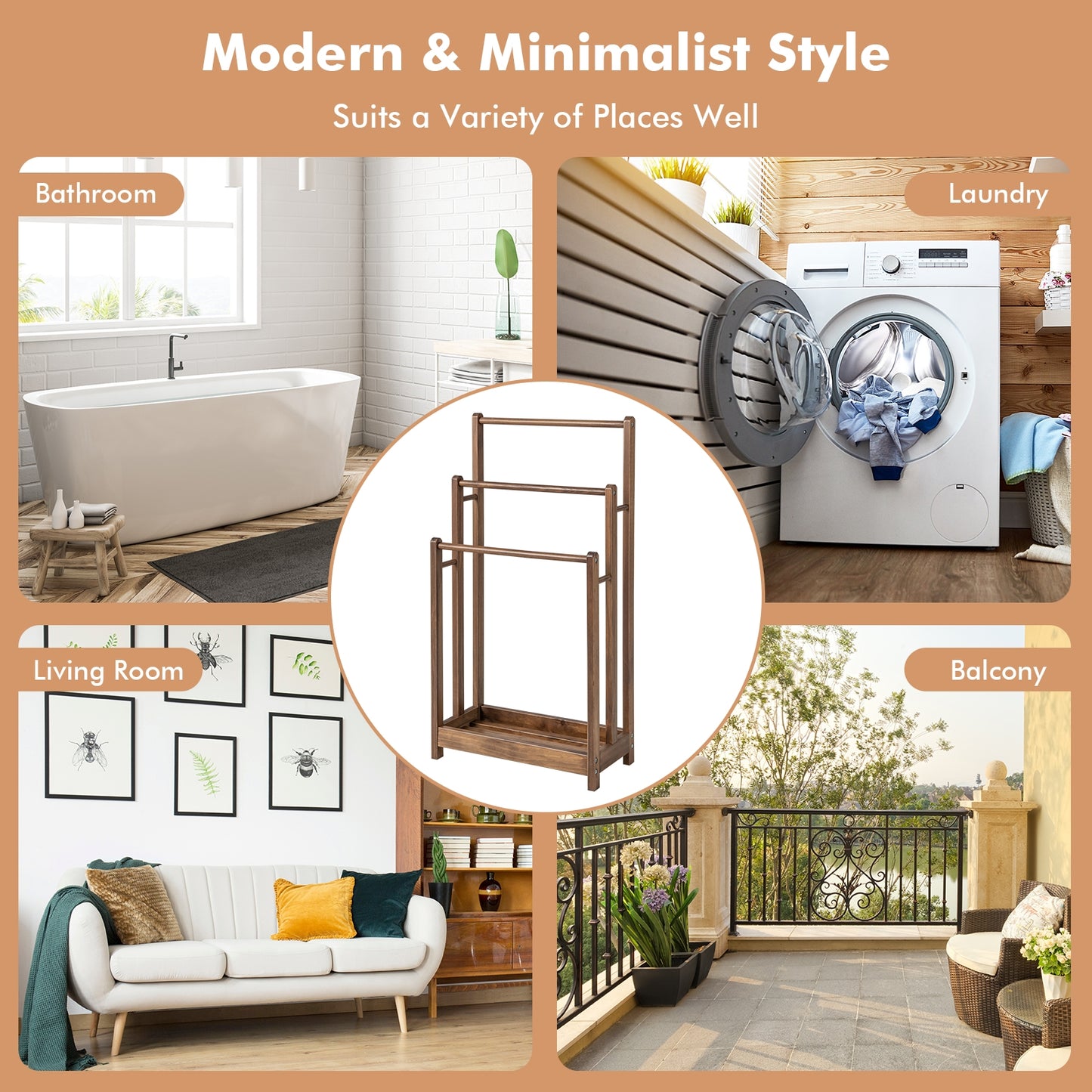 Freestanding Towel Rack 3-Bar Hand Towel Drying Stand with Bottom Storage Shelf, Rustic Brown Towel Racks at Gallery Canada