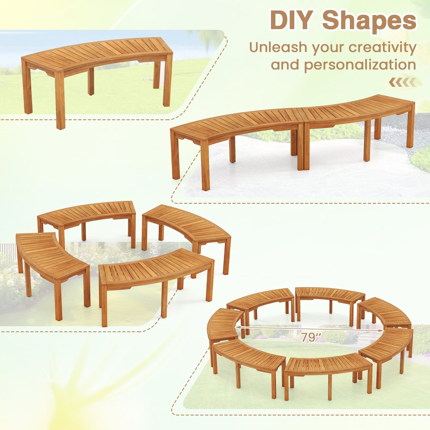 7-Piece Outdoor Acacia Wood Curved Garden Bench, 2-Person, Natural Outdoor Benches at Gallery Canada