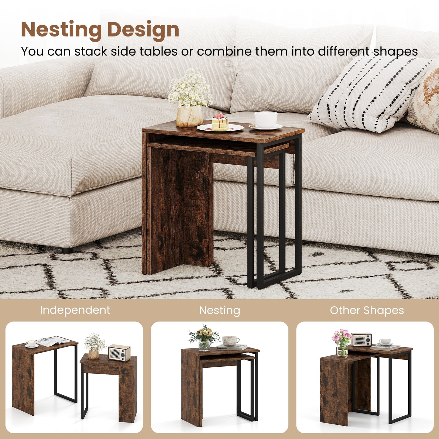 2-in-1 Nesting Coffee Table Set of 2 for Living Room and Bedroom, Rustic Brown Coffee Tables at Gallery Canada