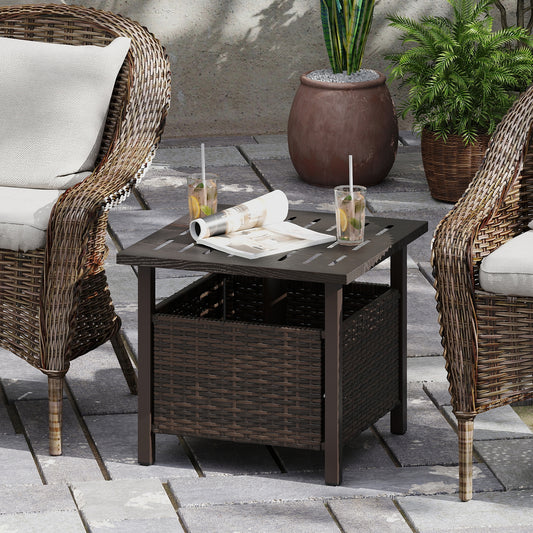 Outdoor Side Table All-Weather PE Wicker Patio Table with Umbrella Hole, Brown Patio Coffee Tables Brown at Gallery Canada