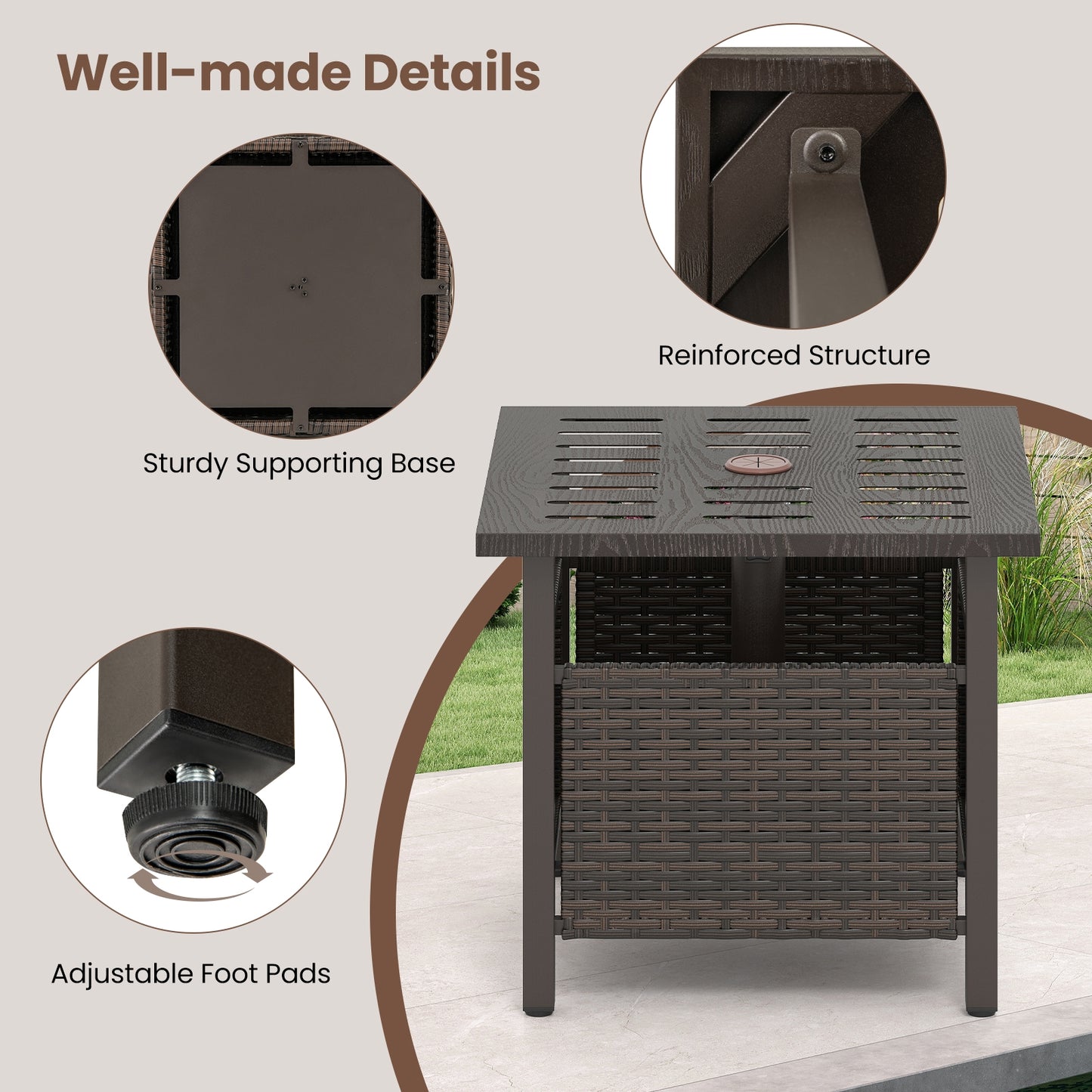 Outdoor Side Table All-Weather PE Wicker Patio Table with Umbrella Hole, Brown Patio Coffee Tables at Gallery Canada