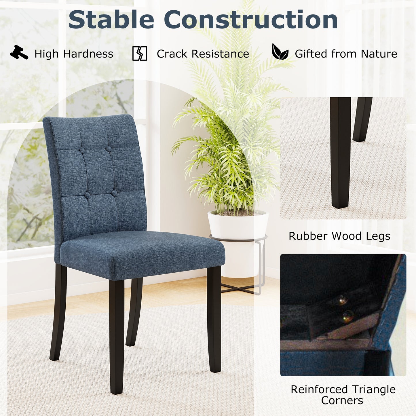 Set Of 2 Tufted Dining Chairs, Armless, Rubber Wood Legs, Dark Blue Dining Chairs at Gallery Canada