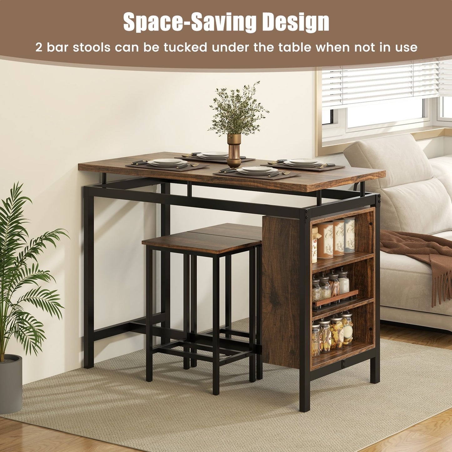 3 Pieces Dining Table Set with 3-Tier Storage Shelf and Metal Frame, Brown