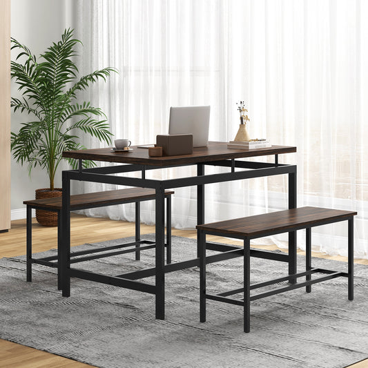 3 Piece Dining Table Set, Wooden Kitchen Table, 2 Benches, Brown Dining Room Sets Brown at Gallery Canada