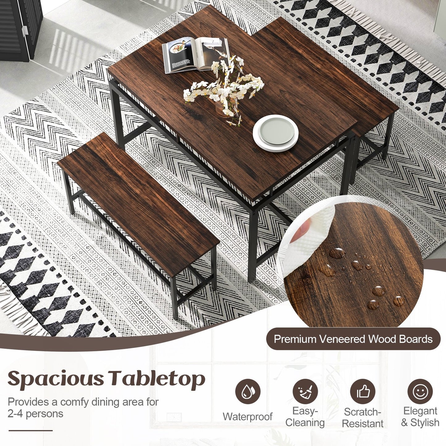 3 Pieces Dining Table Set with Wooden Kitchen Table and 2 Benches, Brown