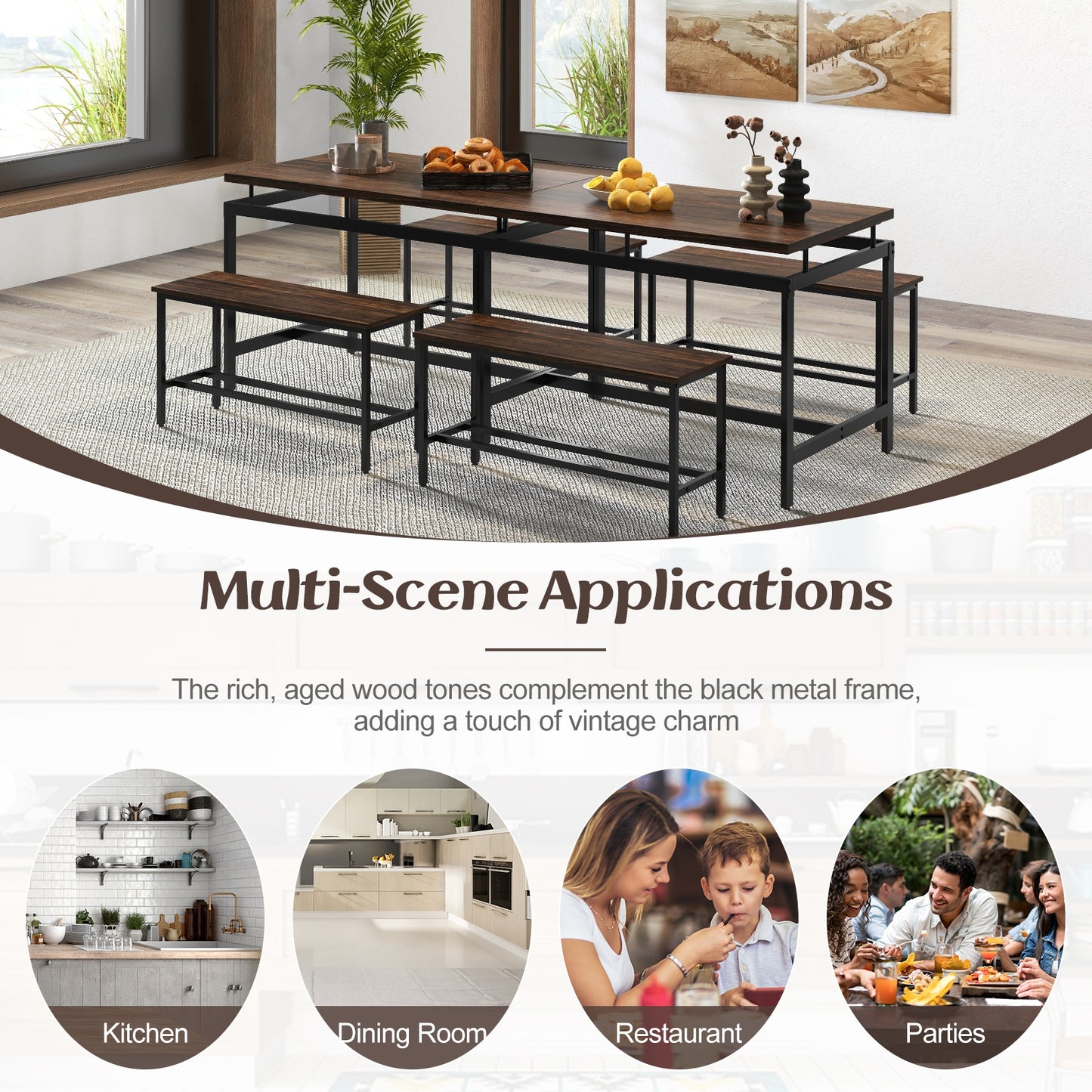 3 Piece Dining Table Set, Wooden Kitchen Table, 2 Benches, Brown Dining Room Sets at Gallery Canada