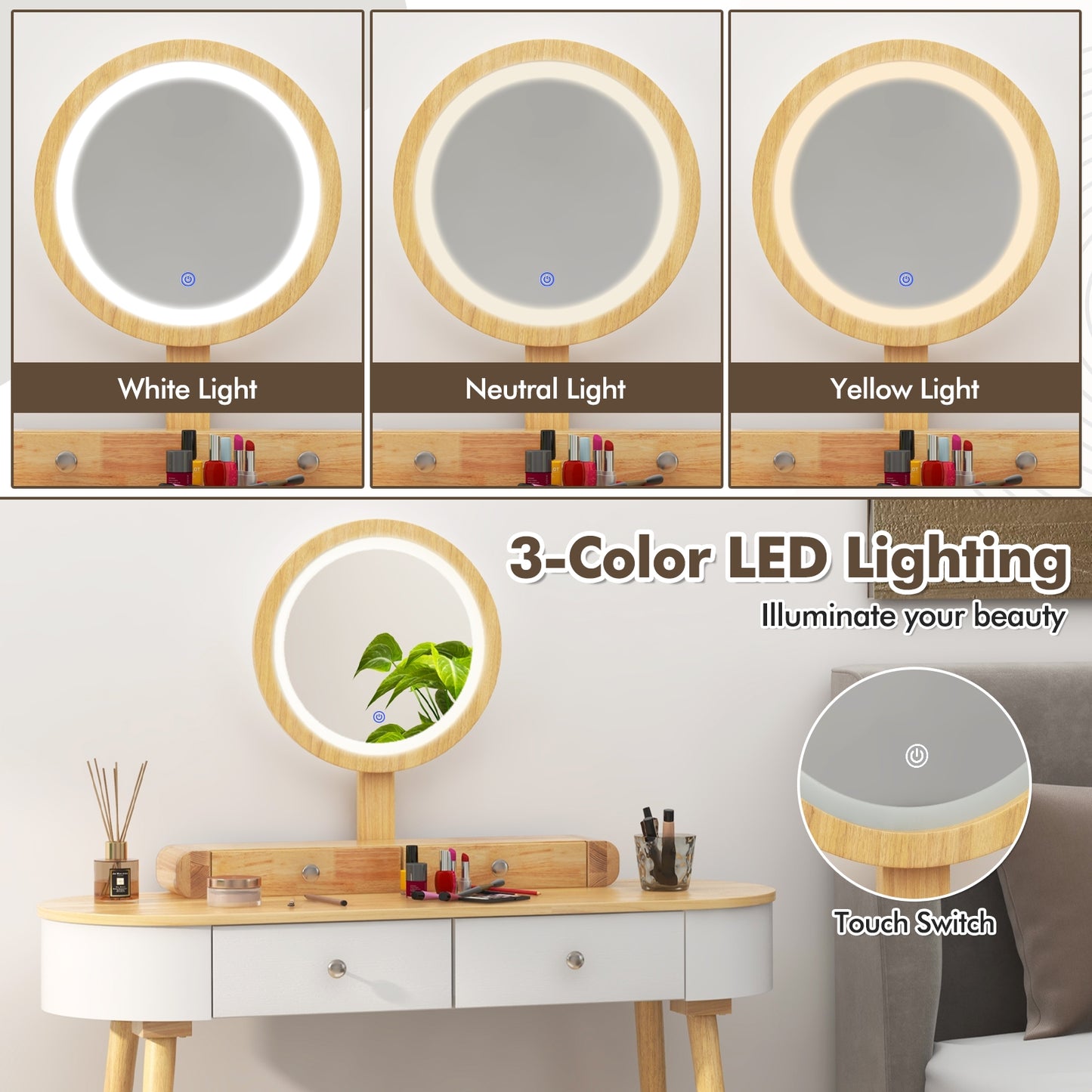 Makeup Vanity Table Set with LED Mirror and 3 Spacious Drawers-White-Natural Wood, Natural Makeup Vanities at Gallery Canada