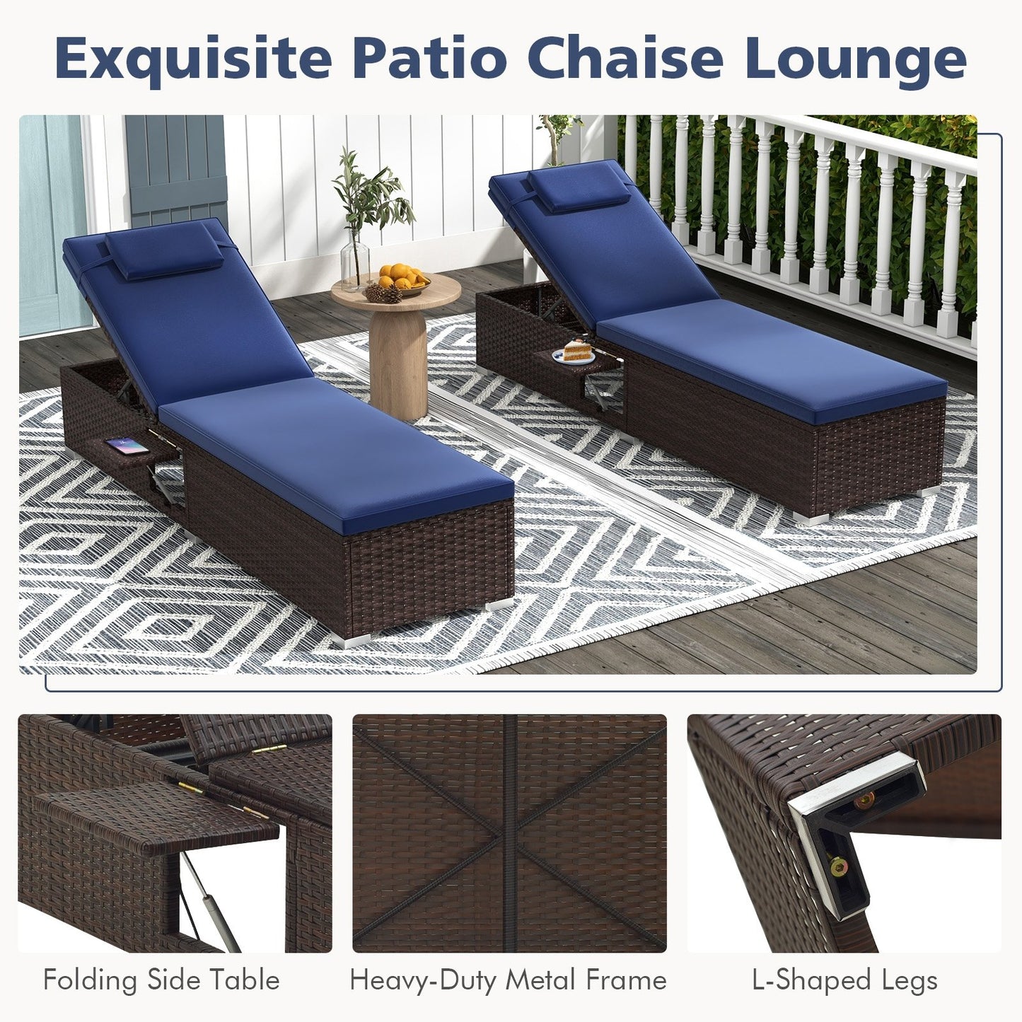 Outdoor PE RattanChaise Lounge with 6-level Backrest, Navy