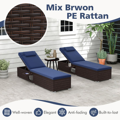 Outdoor PE RattanChaise Lounge with 6-level Backrest, Navy