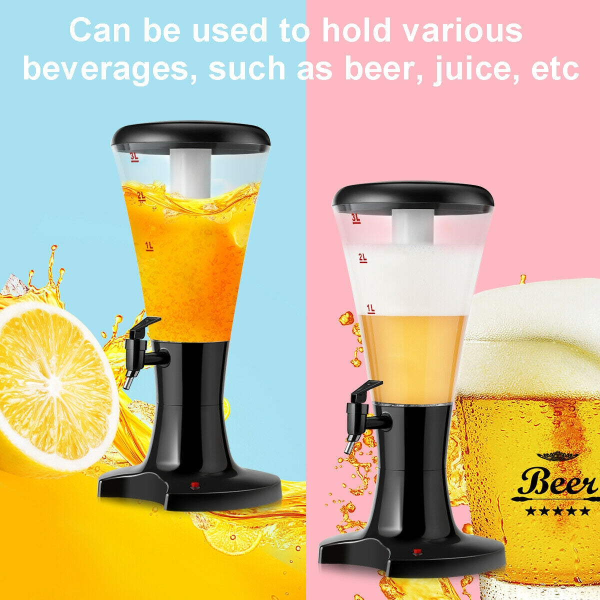 2 3L Draft Beer Tower Dispenser With LED Lights, Black