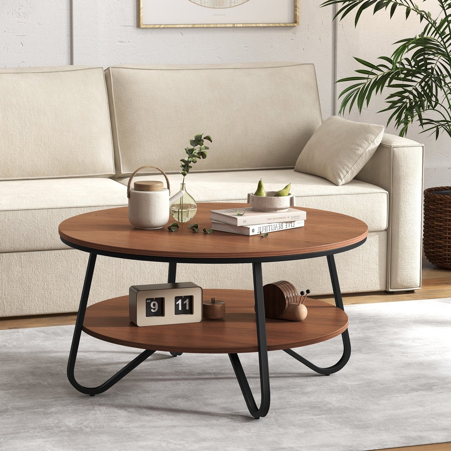 33.5" Round Coffee Table with Wood Grain Finish and Heavy-duty Metal Frame, Walnut
