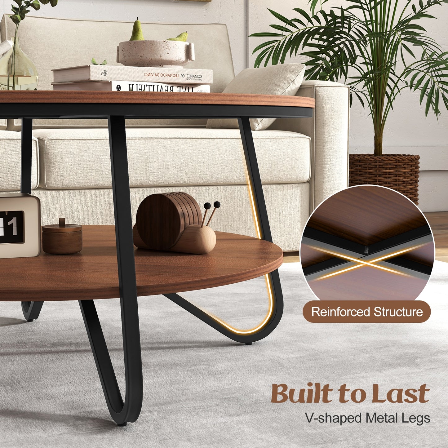 33.5 Inch Round Coffee Table with Wood Grain Finish and Heavy-duty Metal Frame, Walnut Coffee Tables at Gallery Canada