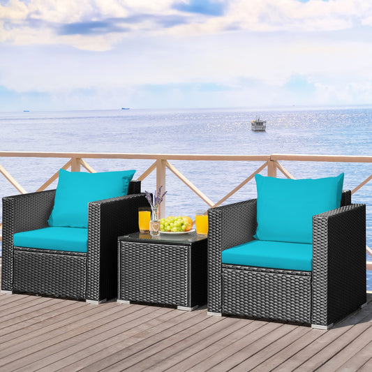 3 Piece Patio Wicker Conversation Set With Cushion, Turquoise