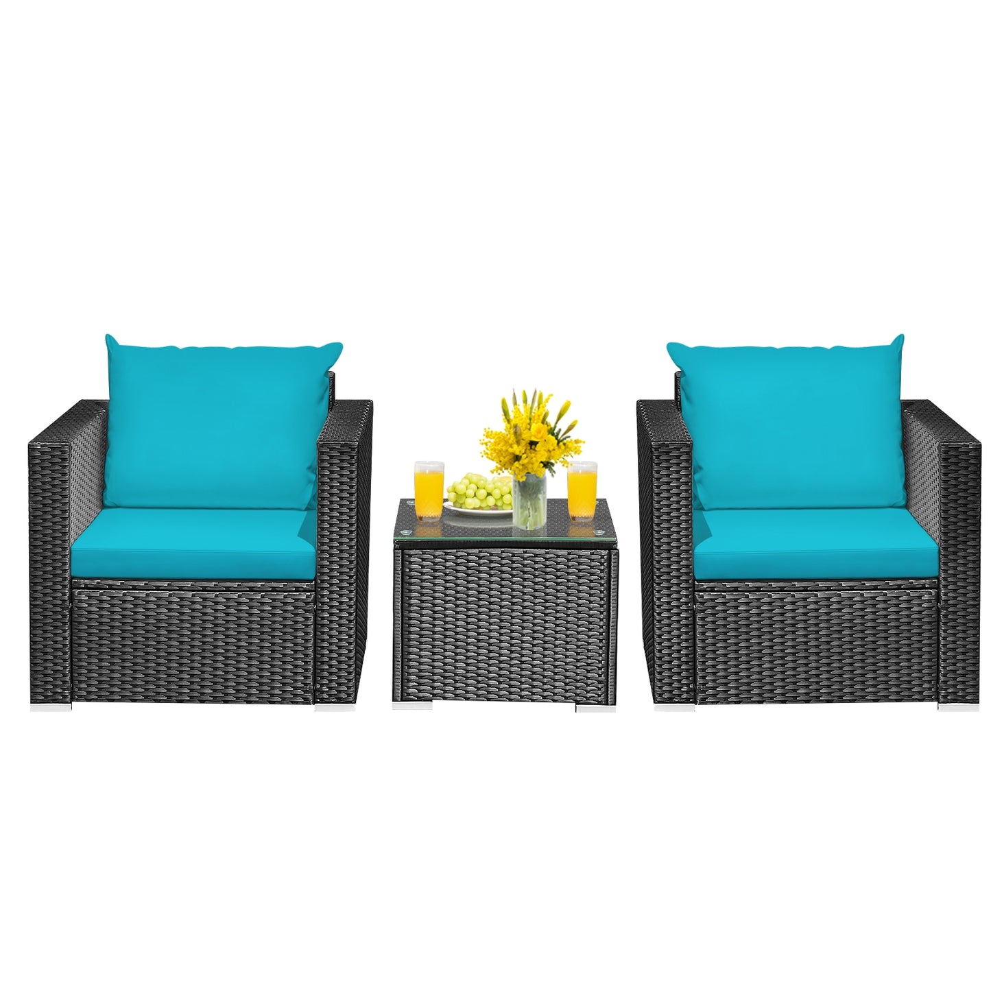 3 Pieces Patio Wicker Conversation Set with Cushion, Turquoise Patio Conversation Sets at Gallery Canada
