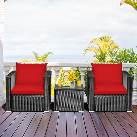 3-Piece Patio Wicker Furniture Set With Cushion, Red Patio Conversation Sets Red at Gallery Canada