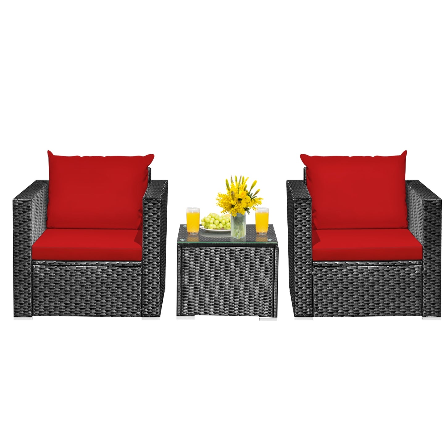 3 Pieces Patio wicker Furniture Set with Cushion, Red Patio Conversation Sets at Gallery Canada