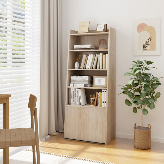 6-Tier Bookcase Freestanding Ladder Bookshelf with 2 Adjustable Shelves and Flip Up Door, Natural Bookcases Natural at Gallery Canada
