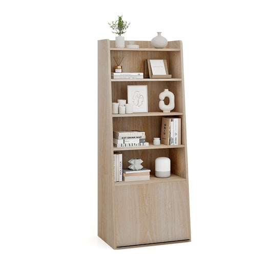 6-Tier Bookcase Freestanding Ladder Bookshelf with 2 Adjustable Shelves and Flip Up Door, Natural