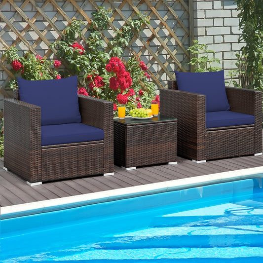 3 Pcs Patio Rattan Furniture Set With Cushion, Blue Patio Conversation Sets Blue at Gallery Canada
